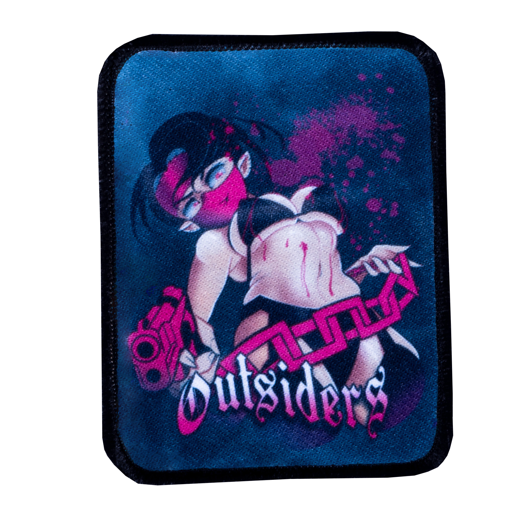 Patch with anime character holding a gun and 'Outsiders' text on a blue background